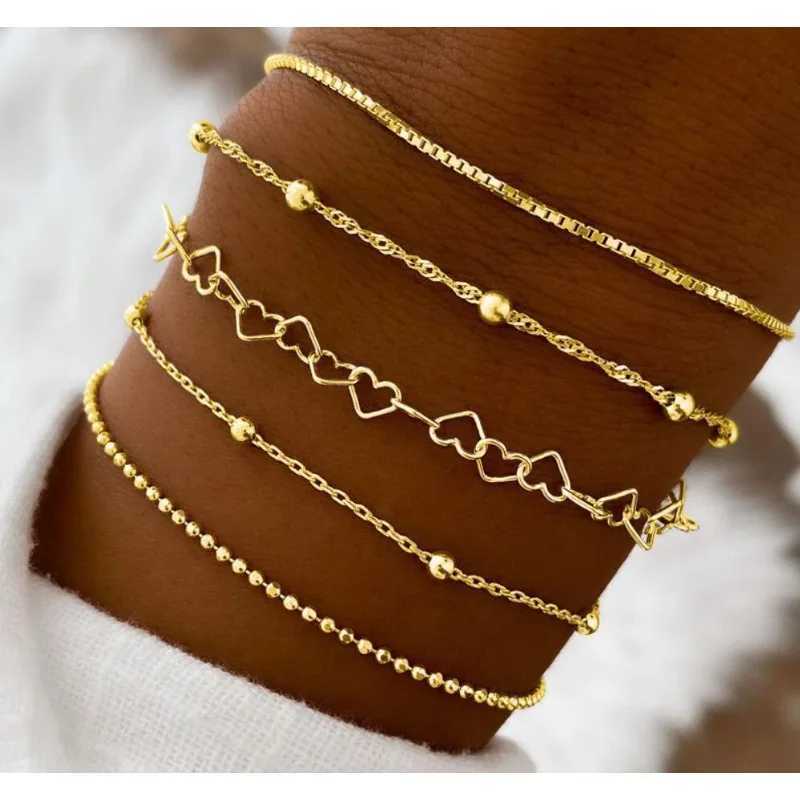 5-piece Bracelet Set Womens Alloy Round Bead Heart Chain Minimalist Box Chain BraceletXJ250225