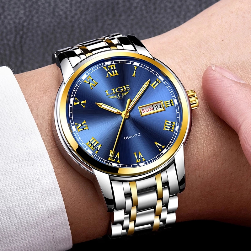 LIGE Men's business quartz Watch Classic three-pin double calendar watch Stainless steel strap Top brand watch Multi-functional life waterproof w