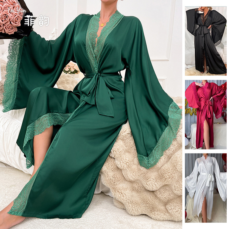 New Satin Sleepwear Lace Light Luxury Long Sleeved Cool Sleeping Robe Bathrobe Home Wear Women 336