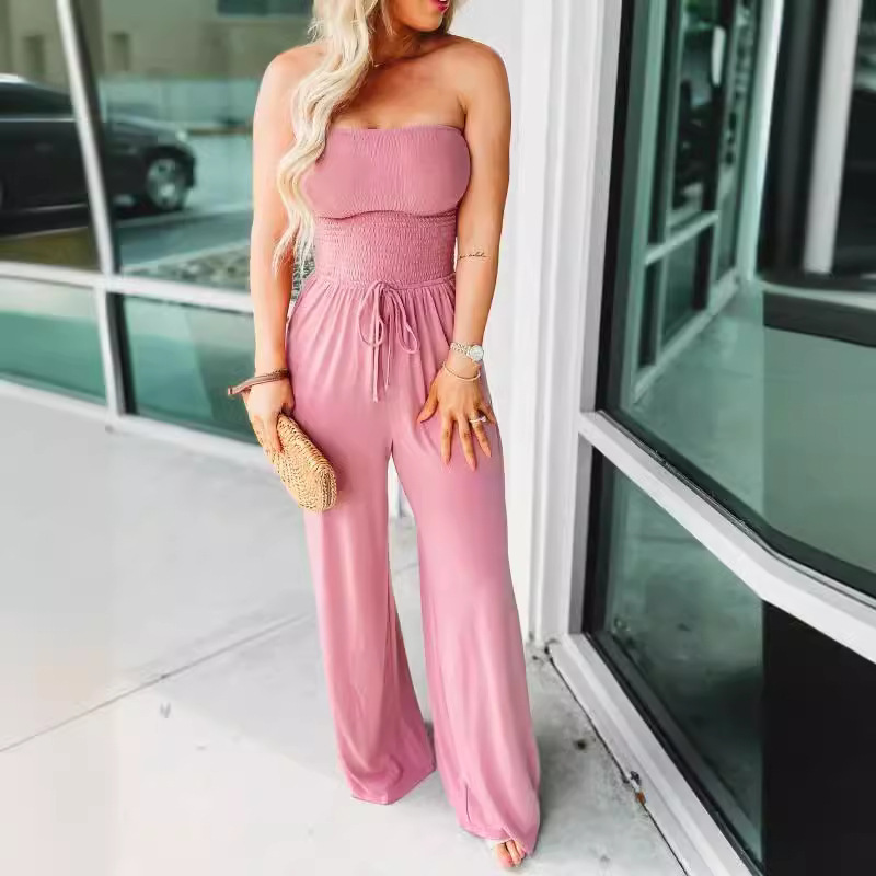 (256) New European and American Solid Color Chest-wrapped Loose Women's Jumpsuit