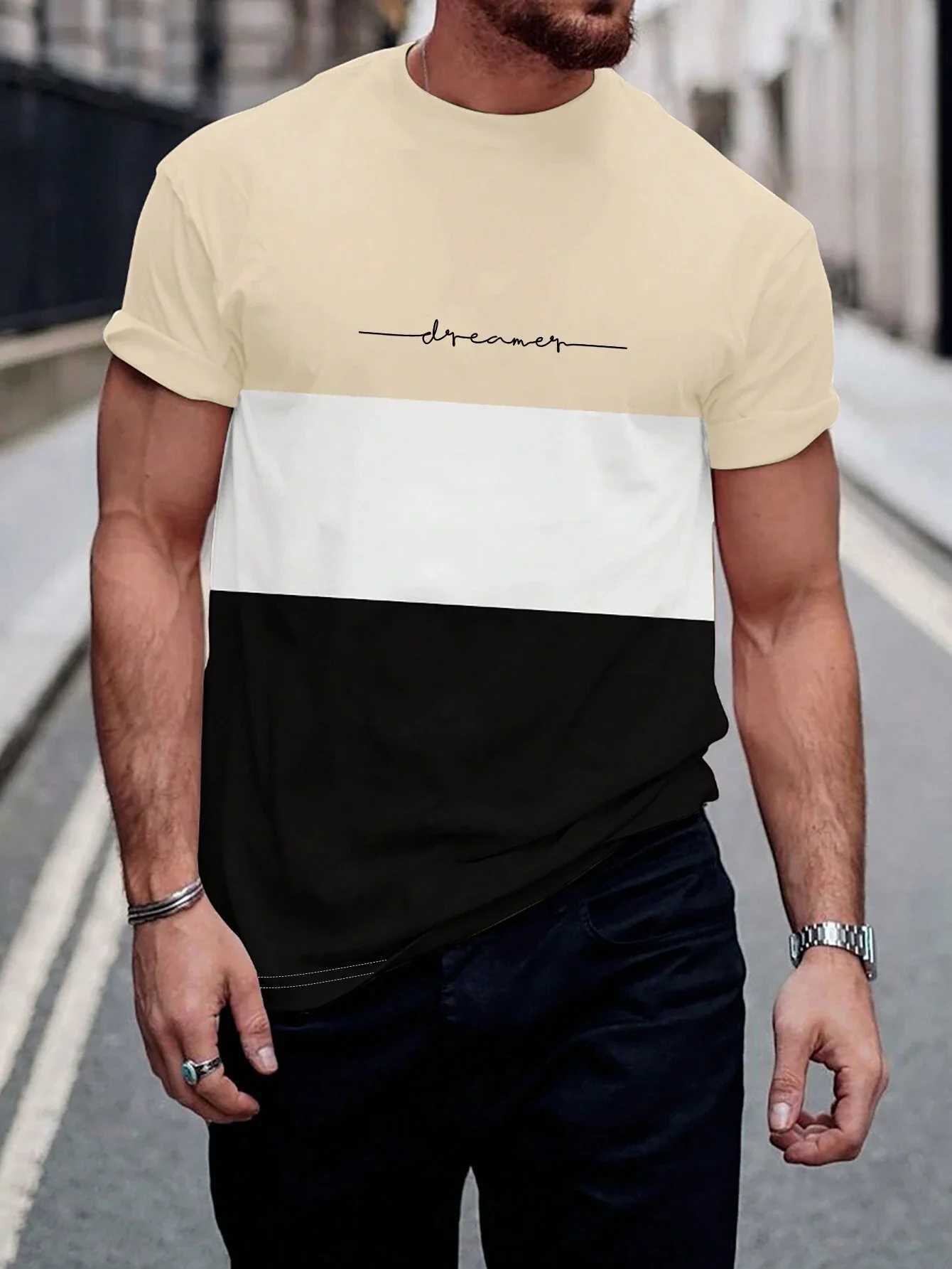 Fashionable Mens Color Block Letter Printed T-Shirt Harajuku Basic Short Sleeve Tee Tops Leisure O-Neck Mens Casual t-shirtXJ250117