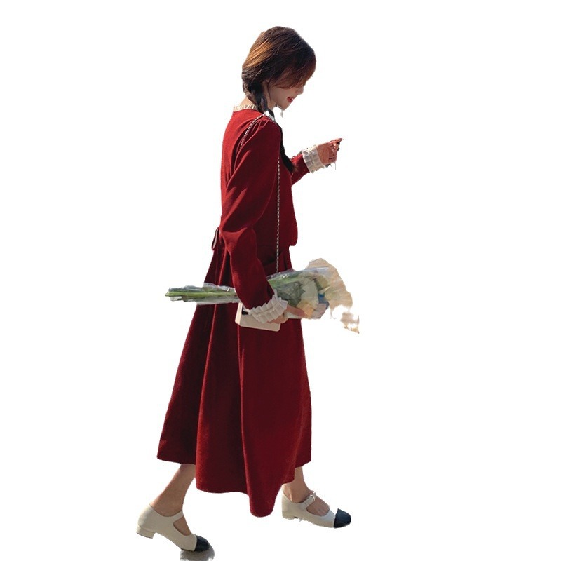 MU3120 Retro casual long skirt 2024 spring and autumn new style wood ear edge pleated color matching fake two-piece dress for women