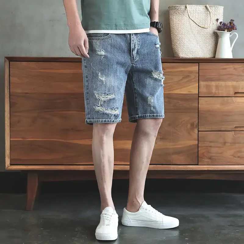 Short Jeans Pants For Men Ripped Straight Jorts Summer Man Denim Shorts With Vintage Cowboy Y2k Fashion Trend 2024 RetroXJ250117