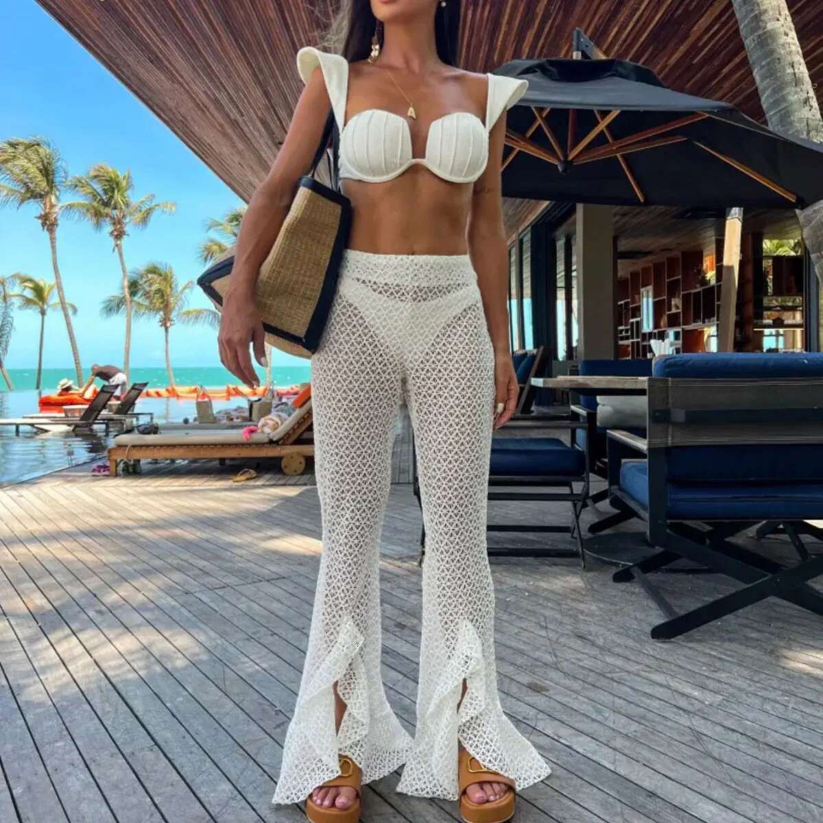 Sexy Bikinis Pantdress Set White Wer Women Swimwear 2025 Swimsuit Puff Sleeve Bathingsuit Beach Skirt Chic Beachwear