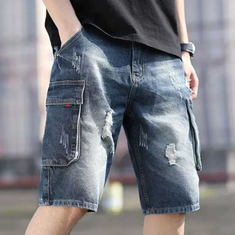 Man Denim Shorts Straight with Pockets Baggy Short Jeans Pants for Men Wide Loose Emo Streetwear Y2k Fashion Retro Blue ButtonsXJ250117