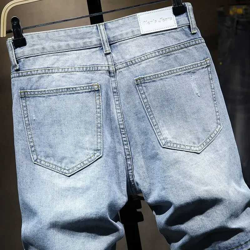 Male Denim Shorts Ripped Straight With Pockets Xl Mens Short Jeans Pants Thin Cut Trend 2024 Blue Y2k Fashion Youthful EmoXJ250117