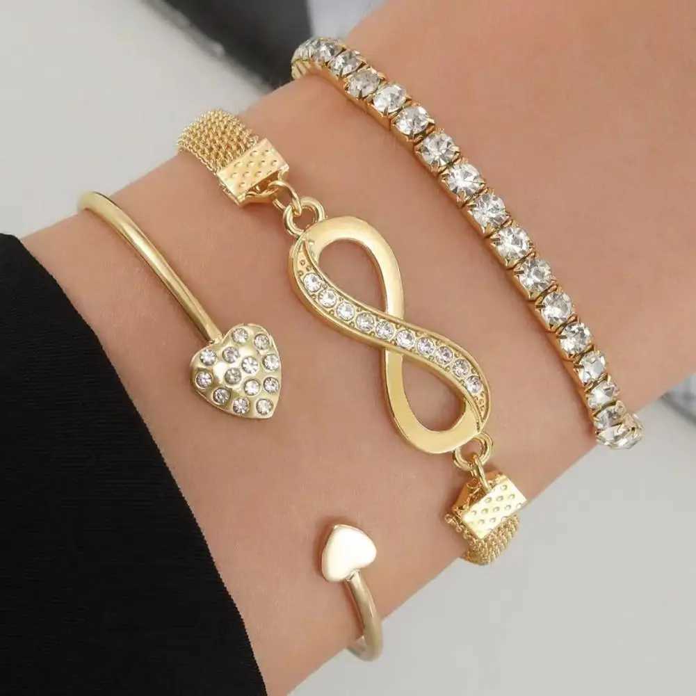3 Pcs Women Bracelets Rhinestone Decor Hollow Infinite Symbol Heart Stackable Wrist Jewelry La Prom Party Wedding Bangle SetXJ250117