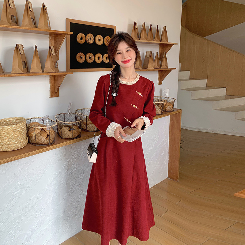 MU3120 Retro casual long skirt 2024 spring and autumn new style wood ear edge pleated color matching fake two-piece dress for women