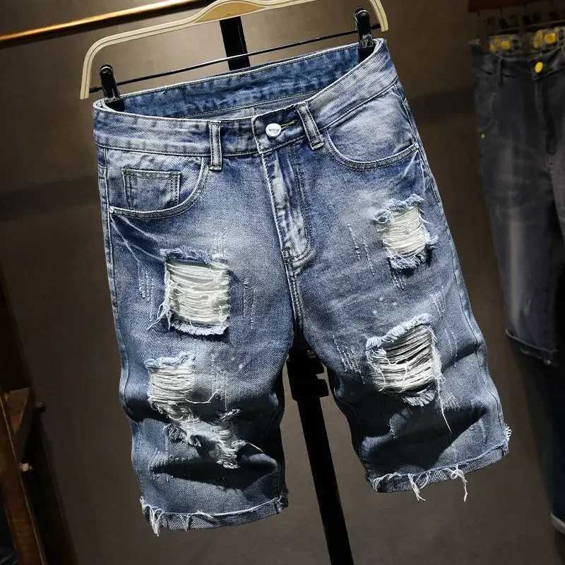 Male Denim Shorts Ripped Straight With Pockets Xl Mens Short Jeans Pants Thin Cut Trend 2024 Blue Y2k Fashion Youthful EmoXJ250117