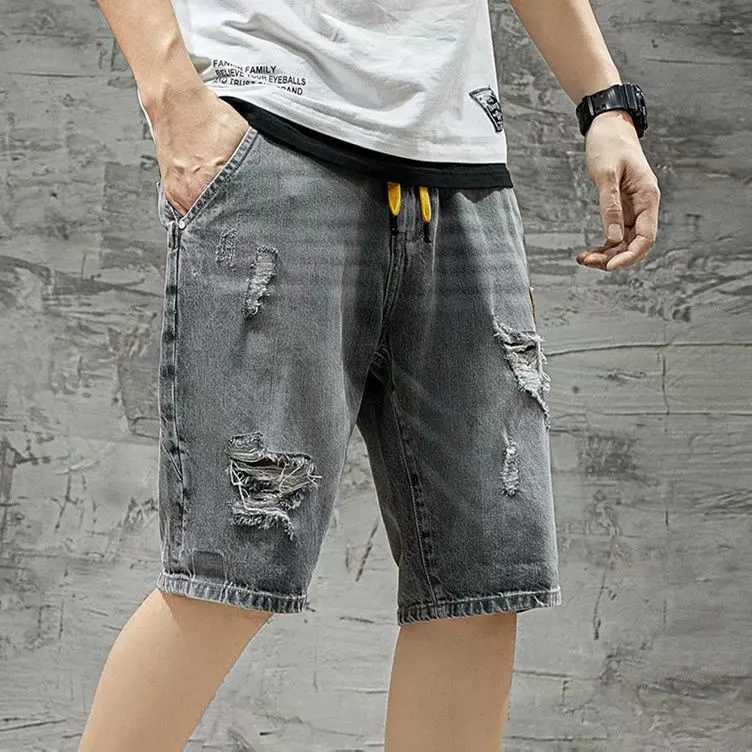 2024 Mens Summer Five-point Denim Shorts Fashion Hole Elastic Waist Loose Y2k Jeans ShortsXJ250117