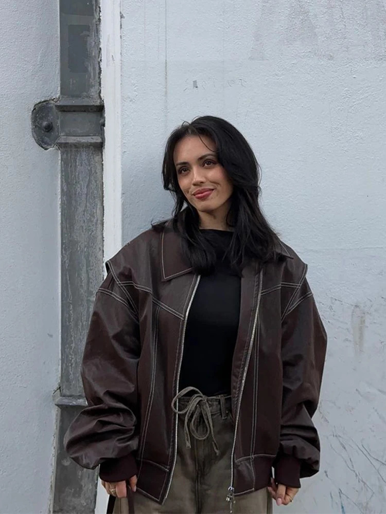 Vintage Zipper Leather Womens Jacket Loose Lapel Long Sleeve Oversize Female Motorcycle Coat 2024 Autumn Winter Lady Outerwears 250107