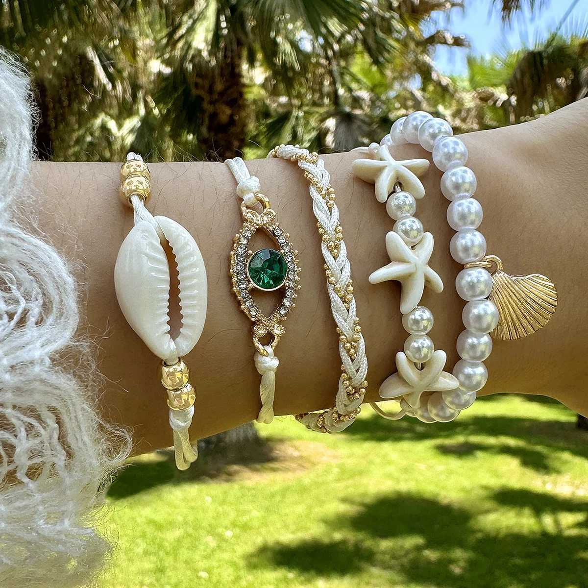 Tocona 5pcs/set Bohemian Imitation Pearl Bracelets for Women Ethnic Style Shell Beaded Bangles Summer Beach Jewelry Set 26165XJ250117