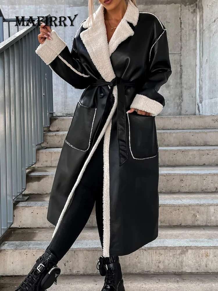 hoodie Women Single Button Long Trench Female Casual Patchwork Big Pockets Outerwear Autumn Winter Loose Solid Thick Overcoat jacket