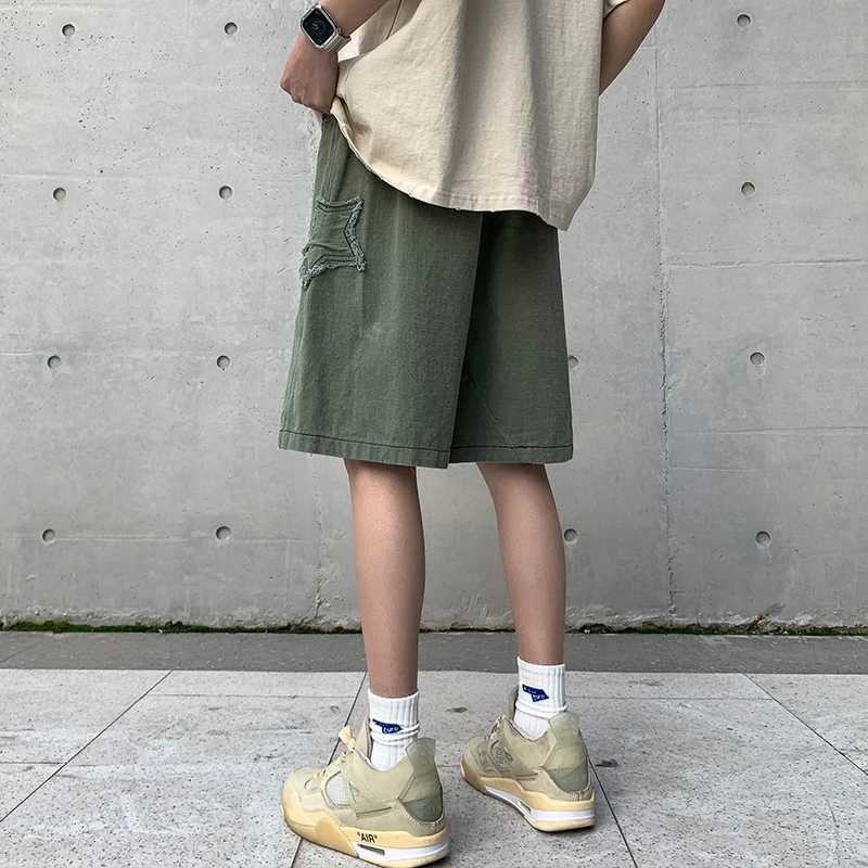 Men Vintage Summer Star Patchwork Denim Shorts Plus Size Drawstring Baggy Sweatshorts Male Y2k High Waist Chic Shorts StreetwearXJ250117