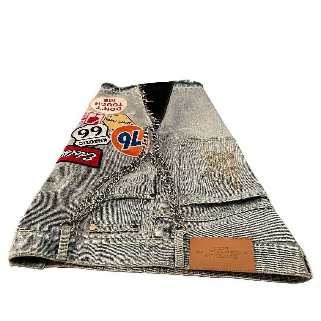 American retro denim shorts Y2K jeans mens Harajuku Gothic hip-hop cartoon decal embroidery retro blue pocket shorts W250319