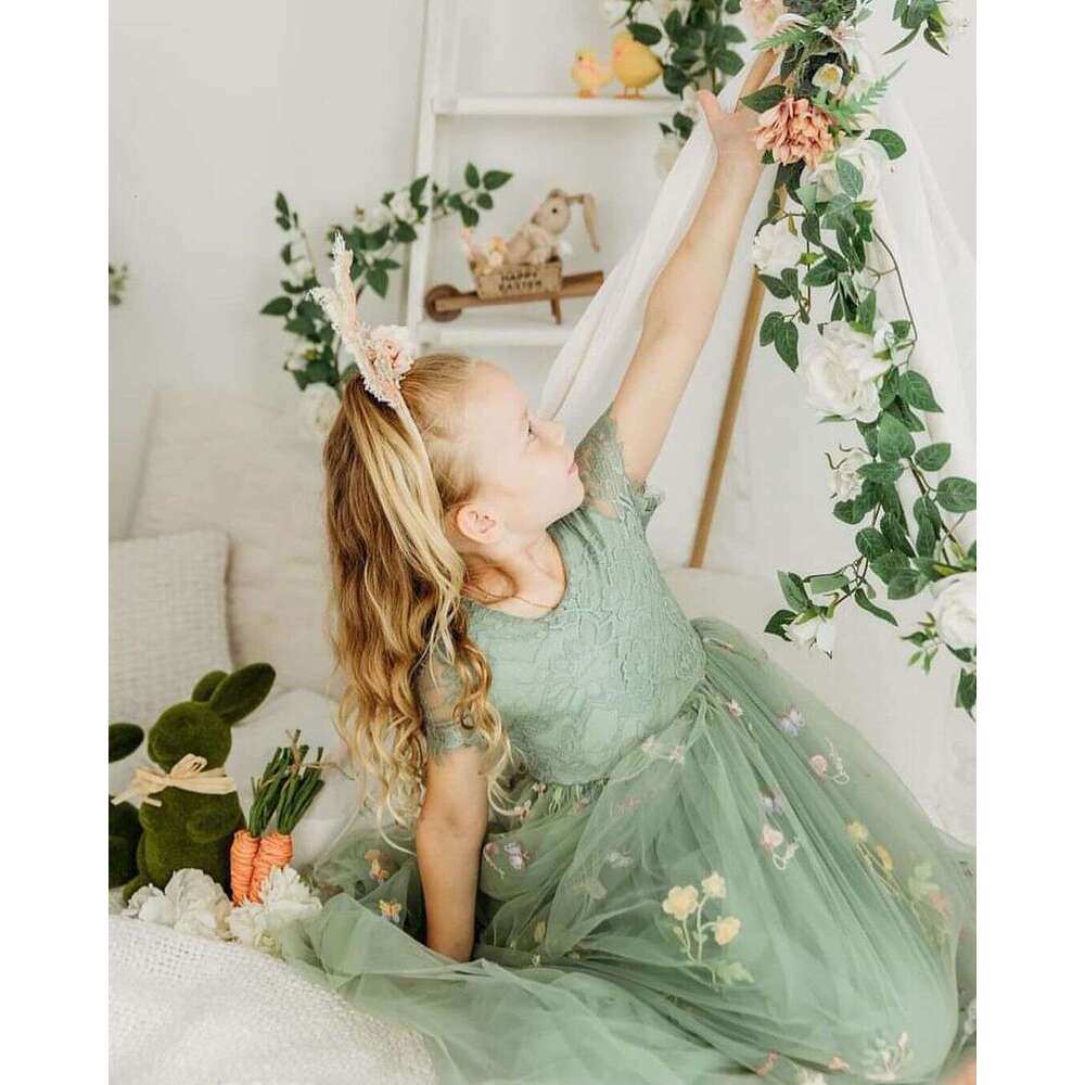 Meet Romance RAL EMBROIDERED TULLE LACE GIRL DRESS IN SAGE Scalloped Edges Tulle Skirt Junior Bridesmaid Gown 6660311