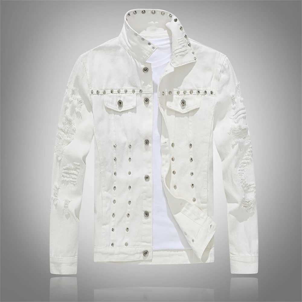 Mens Fashion Punk Jeans Jacket With Rivets High Street Ripped Denim Coat Slim Fit Distressed Studded Outerwear With Holes W250116