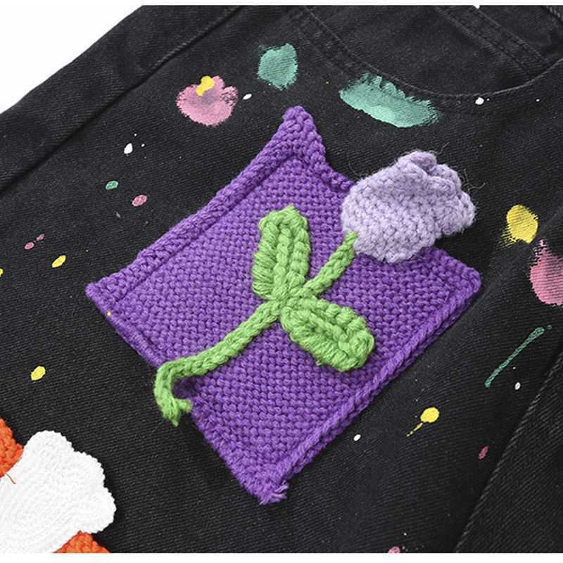 Harajuku Vintage Knitted floral Pattern Denim Shorts Mens Oversized Straight Cut Jeans Casual Loose Shorts College Pants Y2KXJ250117