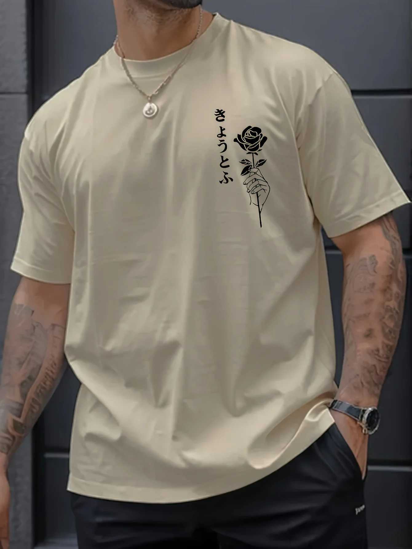 Summer mens 100% pure Polyester sports casual loose fit plus size rose pattern printed round neck short sleeved T-shirt topXJ250117