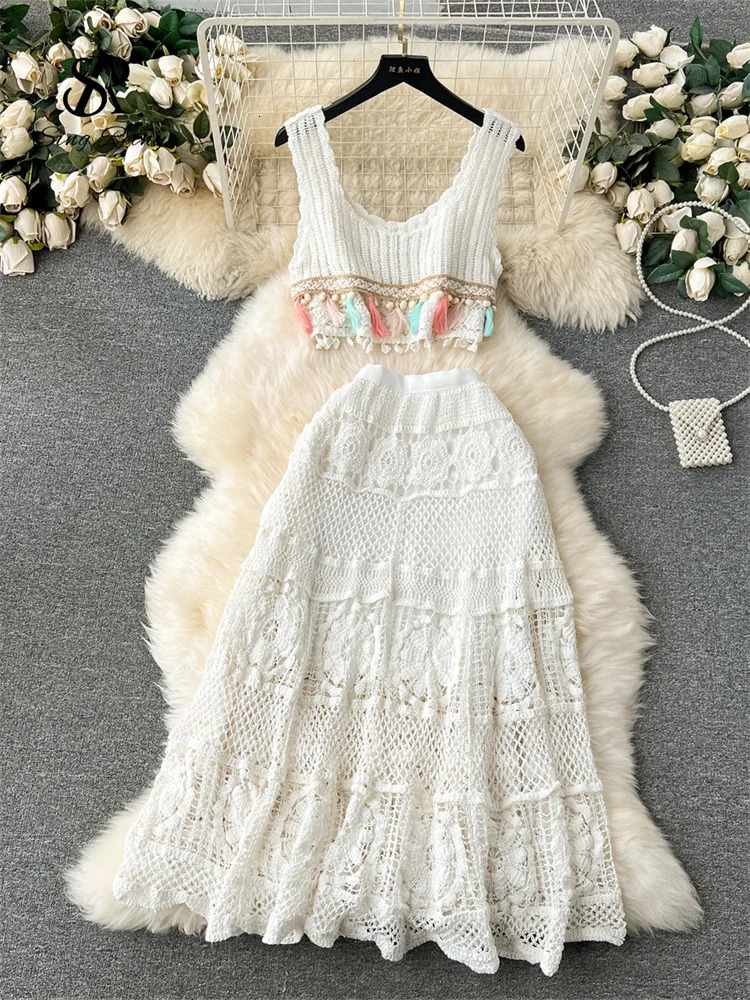SINGREENY Bohemian Retro Knitted Set Tank Tassel Crop TopLoose Hook Hollow Skin Fashion Womens Summer Chic Beach Set 250109