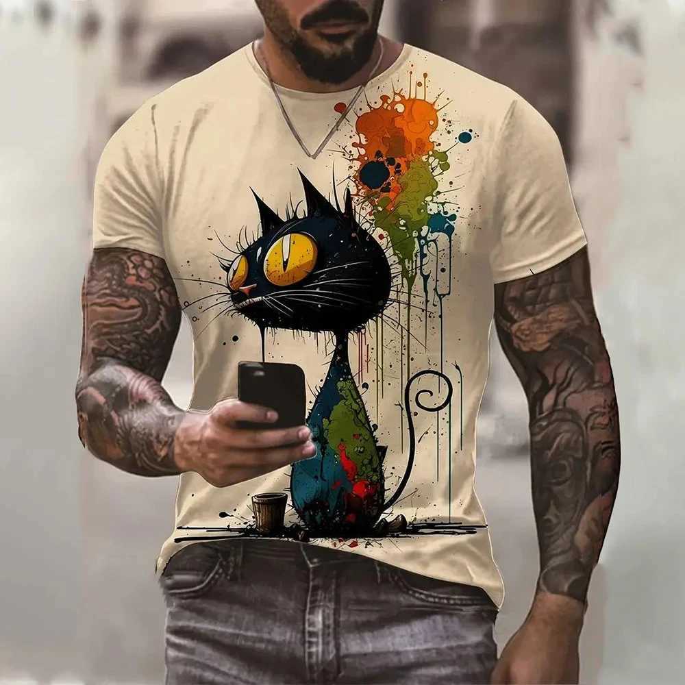 Summer Mens T Shirt Cat Print Casual Short Sleeve 3D T Shirts Fashion Streetwear Crew Neck Pullover Oversized Male ClothingXJ250117