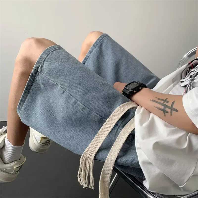 Summer Y2K Denim Shorts For Men Korean Fashion Vintage Straight Short Jeans Casual Streetwear Baggy Drawstring Bermuda masculinaXJ250117