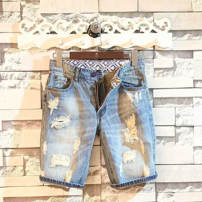 Short Jeans Pants For Men Ripped Blue With Pockets Original Man Denim Shorts Sale Xl Cowboy Thin Vintage Y2k Fashion CutXJ250117