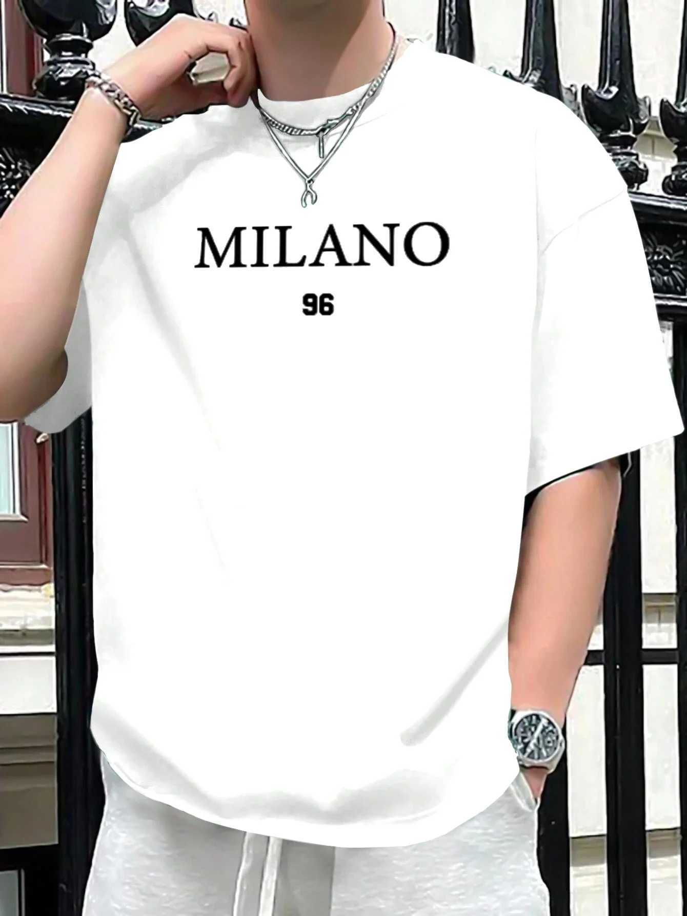 Mens 100% Polyester summer loose size MILANO 96 letter printed slim fit casual sports round neck short sleeved T-shirt topXJ250117