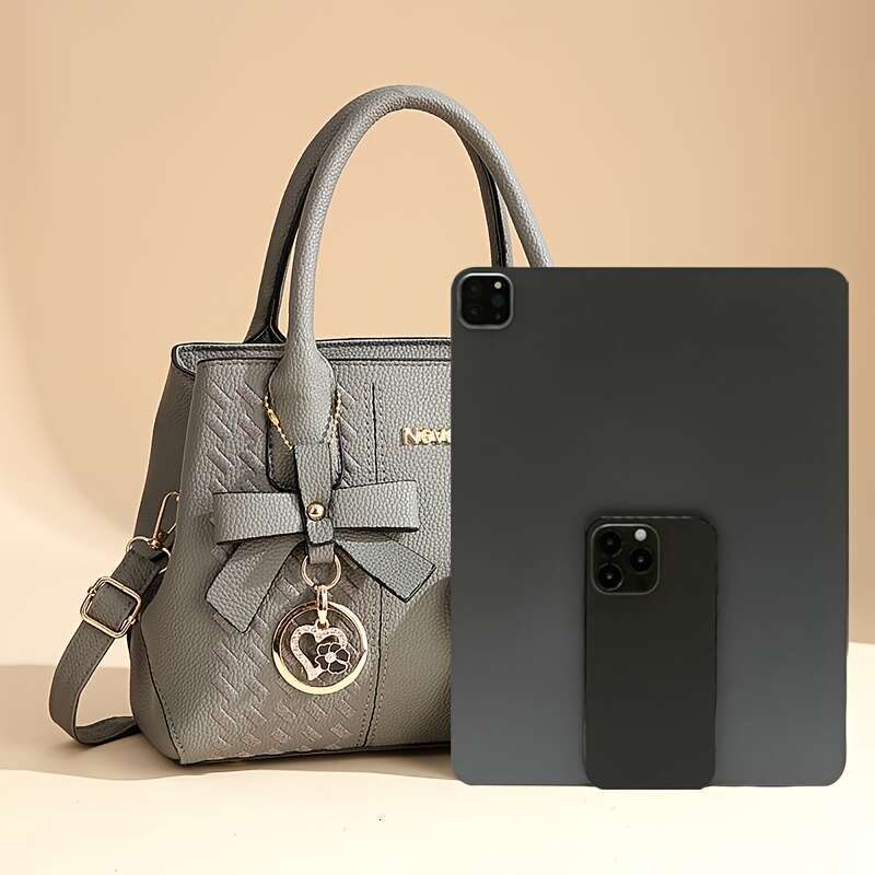1 set of themed elegant black faux leather handbag and wallet set, anime themed, non-woven pattern, edge, fixed shoulder strap, zipper closure, polyes