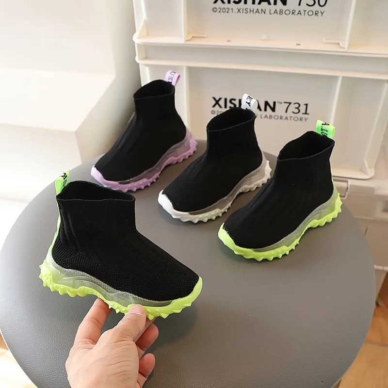Athletic Outdoor Child Knitted Sports Shoes for Boys Luminous Breathable Kids Socks Shoes Slip on High Top Girls Sneakers Soft Sole Walking ShoesY2501