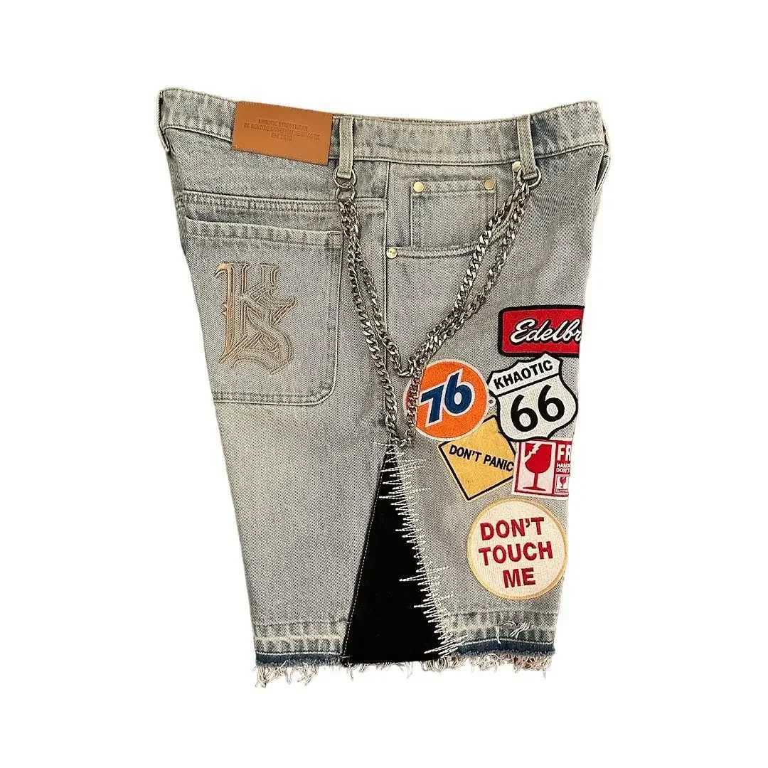 American retro denim shorts Y2K jeans mens Harajuku Gothic hip-hop cartoon decal embroidery retro blue pocket shorts W250319