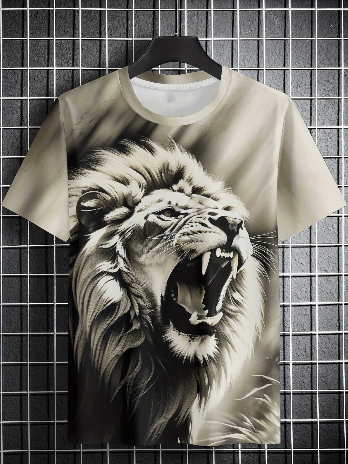 Mens Lion Print Short Sleeve Crew Neck T-Shirt Soft Breathable Casual Wear Outdoor Activities Summer Essential Clothing TshirtsXJ250117