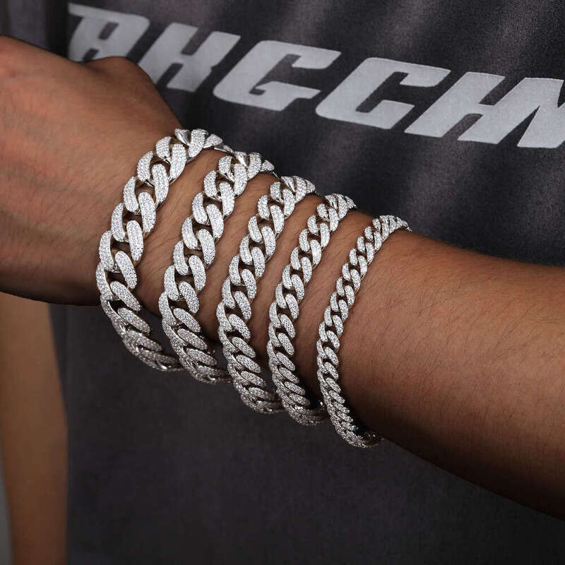 Factory Price Mens Hip Hop Jewelry 8mm-20mm Sterg Sier VVS Moissanite Dia Iced Out Cuban k Bracelet