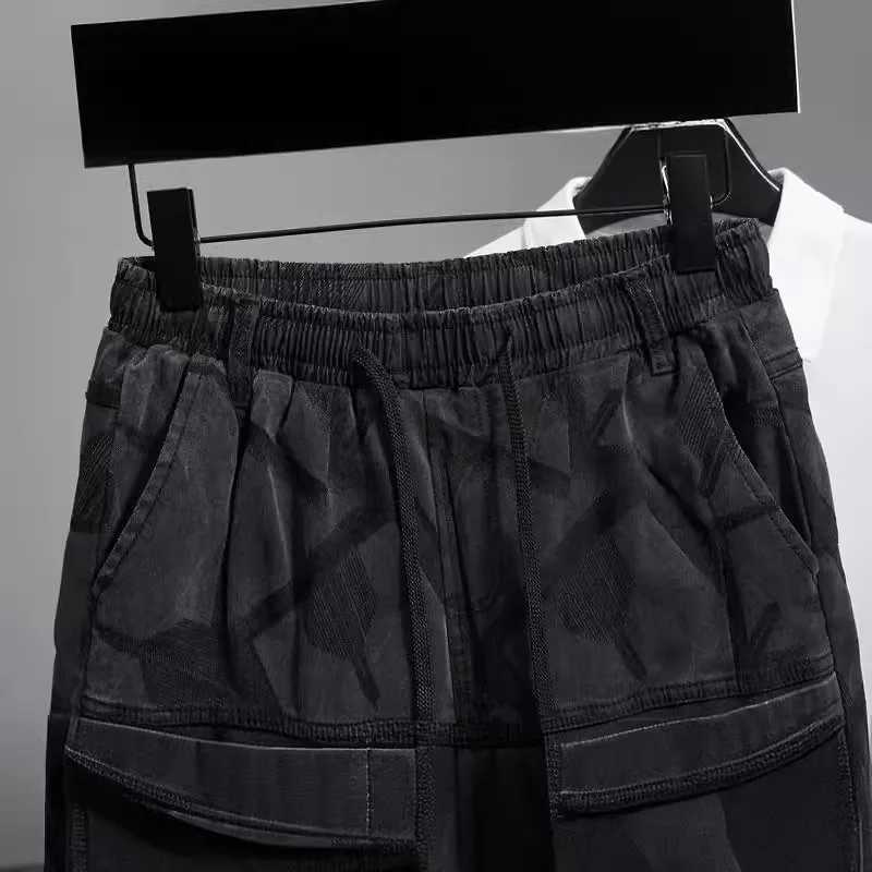 Summer multi pocket jeans shorts for mens fashionable printing trend street stretch casual loose denim casual pantsXJ250117
