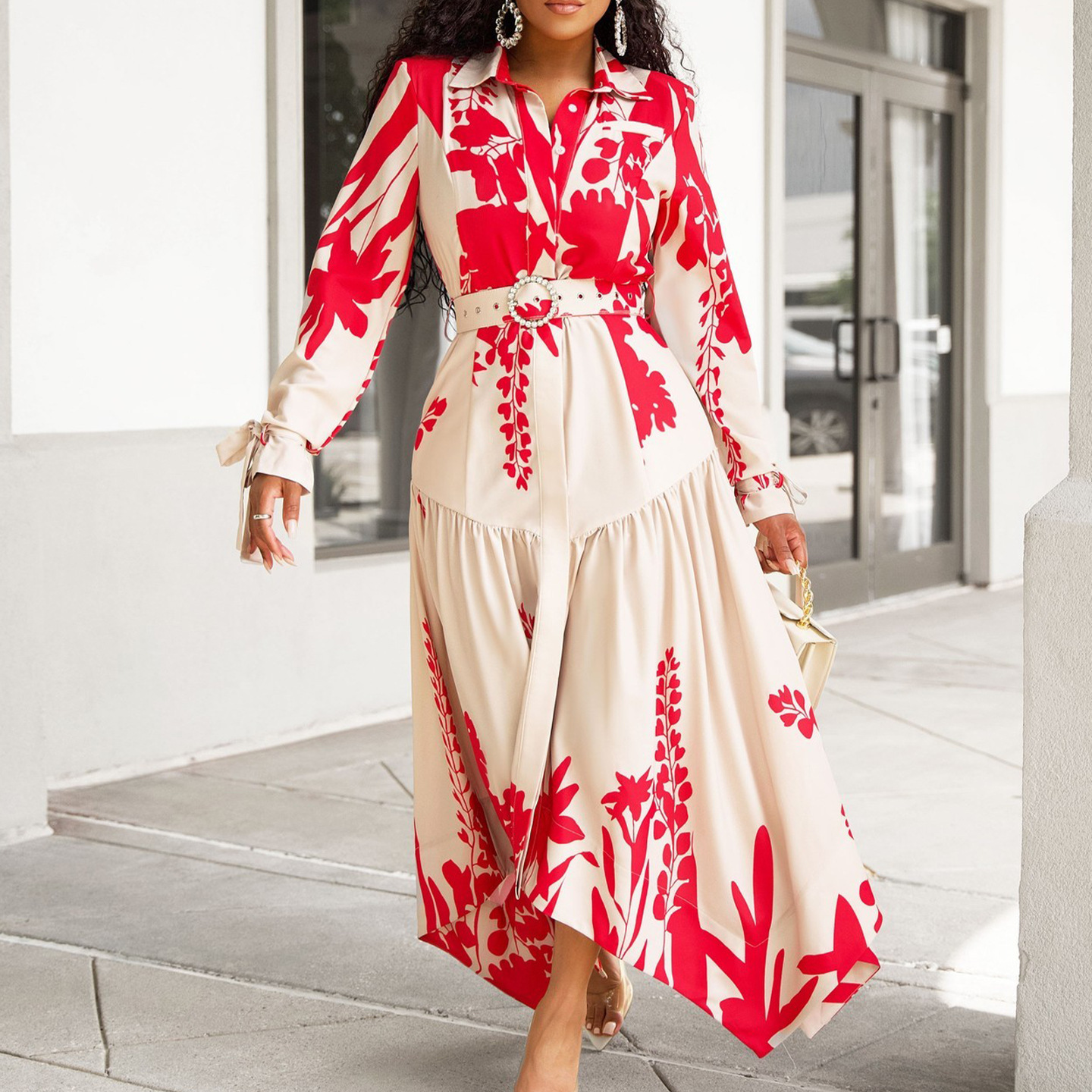 (262) Ladies summer new long-sleeved printed lapel irregular loose large size dress