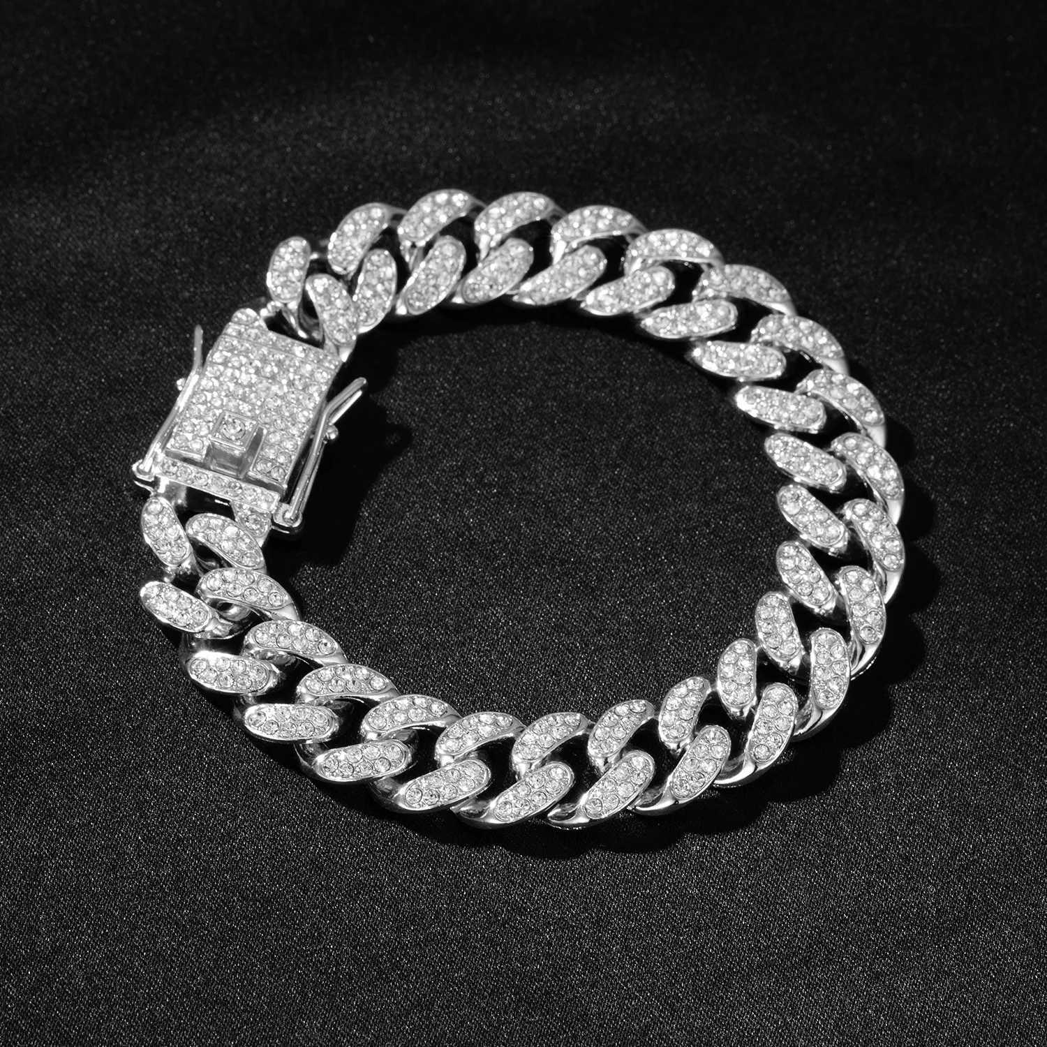 13MM 2 Row Rhinestone Paved Miami Rhombus Cuban Chain Hip Hop Men Women Prong Cuban Link Chain Bracelet d Out men JewelryXJ250117