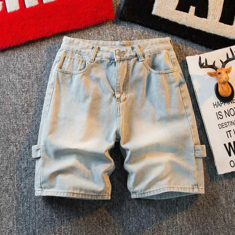 Male Denim Shorts Baggy Hip Hop Wide Zipper Mens Short Jeans Pants Loose Cut Jorts Streetwear Designer Y2k Fashion Blue KoreanXJ250117