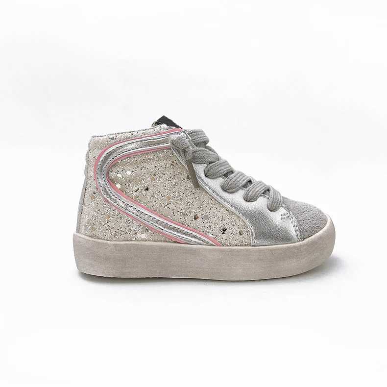 Athletic Outdoor Luxury Glitter Slide Powder Black Pink Mid-Top Glitter Leather Sneakers Star Wave Kids Leather Glitter High Top Sports TrainersY25011