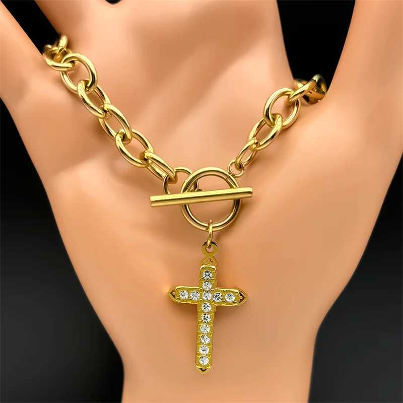 Cross Christian Stainl Steel Pendant Bracelet Gold/Silver Color Rhinestone Men Women Fashion Hand Chain JewelryXJ250117