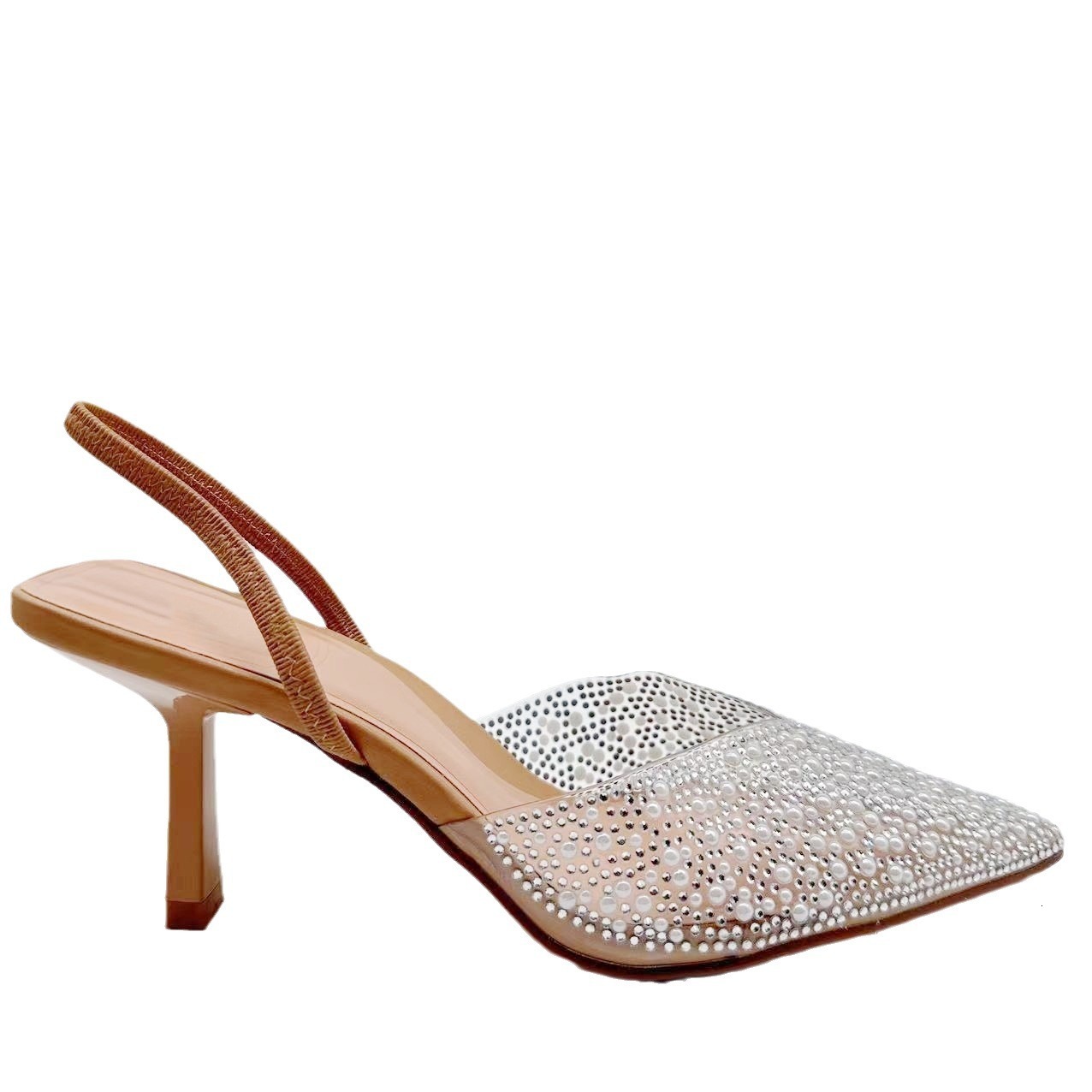2025 summer new women's shoes brown artificial pearl decoration open heel high heels thin heel pointed shoes sandals for women