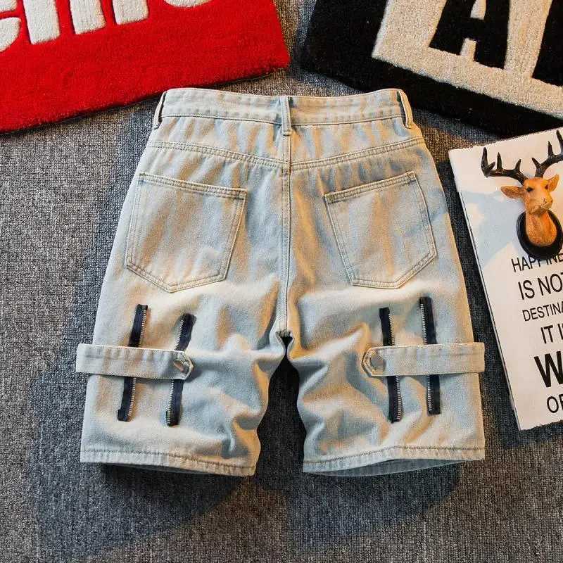 Male Denim Shorts Baggy Hip Hop Wide Zipper Mens Short Jeans Pants Loose Cut Jorts Streetwear Designer Y2k Fashion Blue KoreanXJ250117