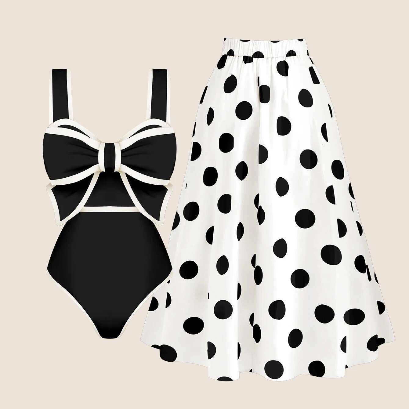 2025 Black White Retro One Piece Swimsuit Women Bow Tie Swimwear With Skirt Sexy Bathing Suit Monokini Bodysuit Beach Wear