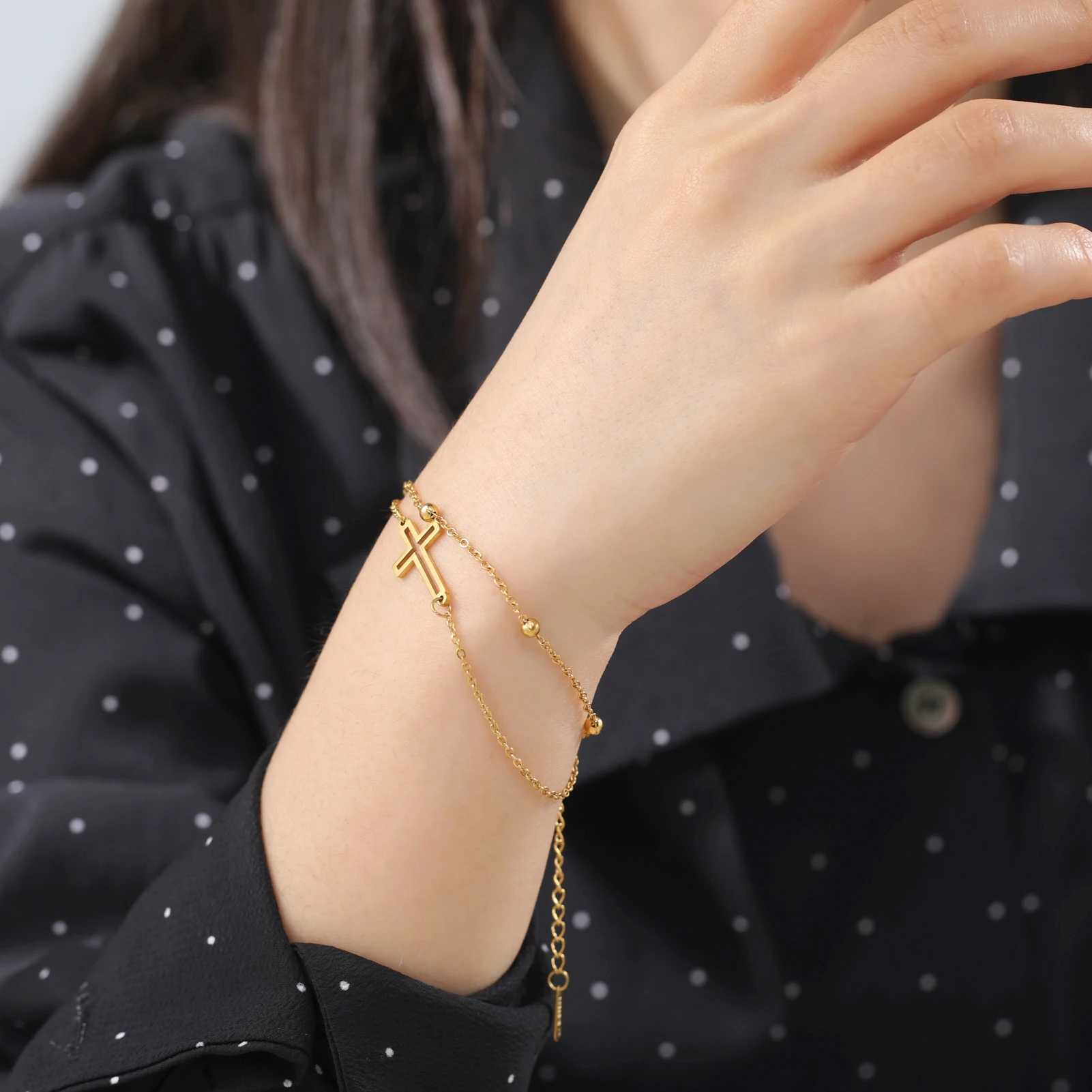Fashion Womens Jewelry Cross Pendant Bracelets Stainl Steel Double Layer Chain Bracelets for Men Women Trend GiftXJ250117