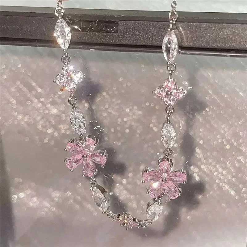 Elegant Fairy Pink Crystal Zircon Sakura Flowers Bracelet for Women Y2K Sweet Girls Cherry Blossom Moon Bow Knot Jewelry GiftsXJ250117