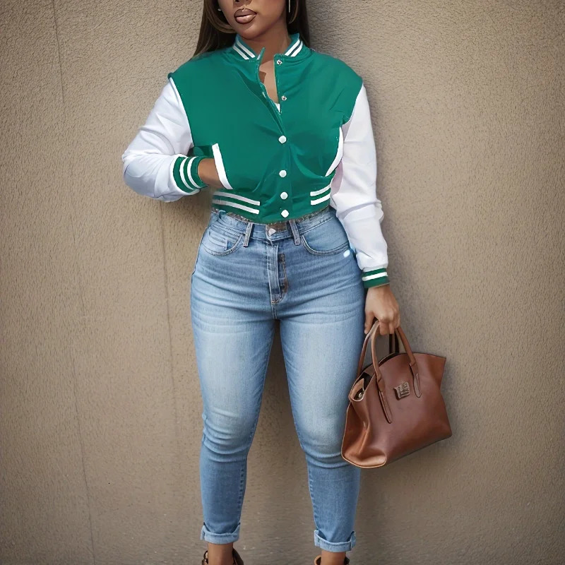 Spring and Autumn European and N Womens Color Matching Jacket Single-breasted Lettered Baseball Jacket 250116