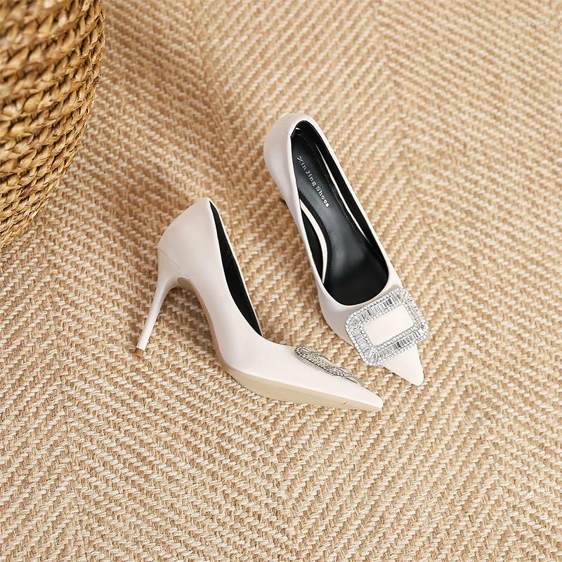 Dress Shoes Diamond High Heels Black Velvet Spring Socialite Temperament Pointy Shallow Commuter Square Buckle