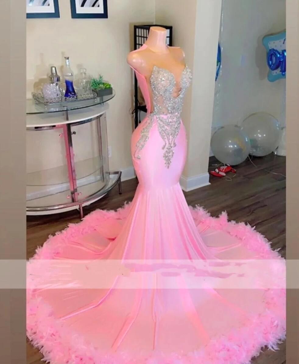 Sweety Pink Feathers Mermaid Prom Dresses For Black Girls Sliver Crystal Beaded Tail Gowns Sexy Sparkly Robe BC18477 0117