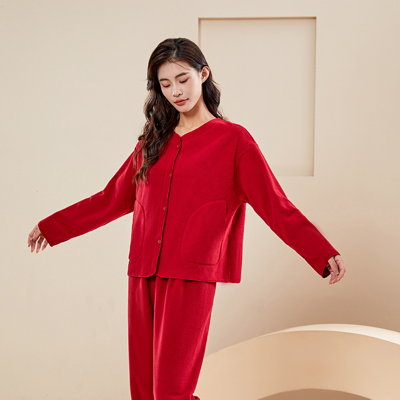 B663-Winter Thick Warm Fleece Home Clothes Double-sided Fleece Warm Women's Winter Polar Fleece Pajamas Set Round Neck Cardigan