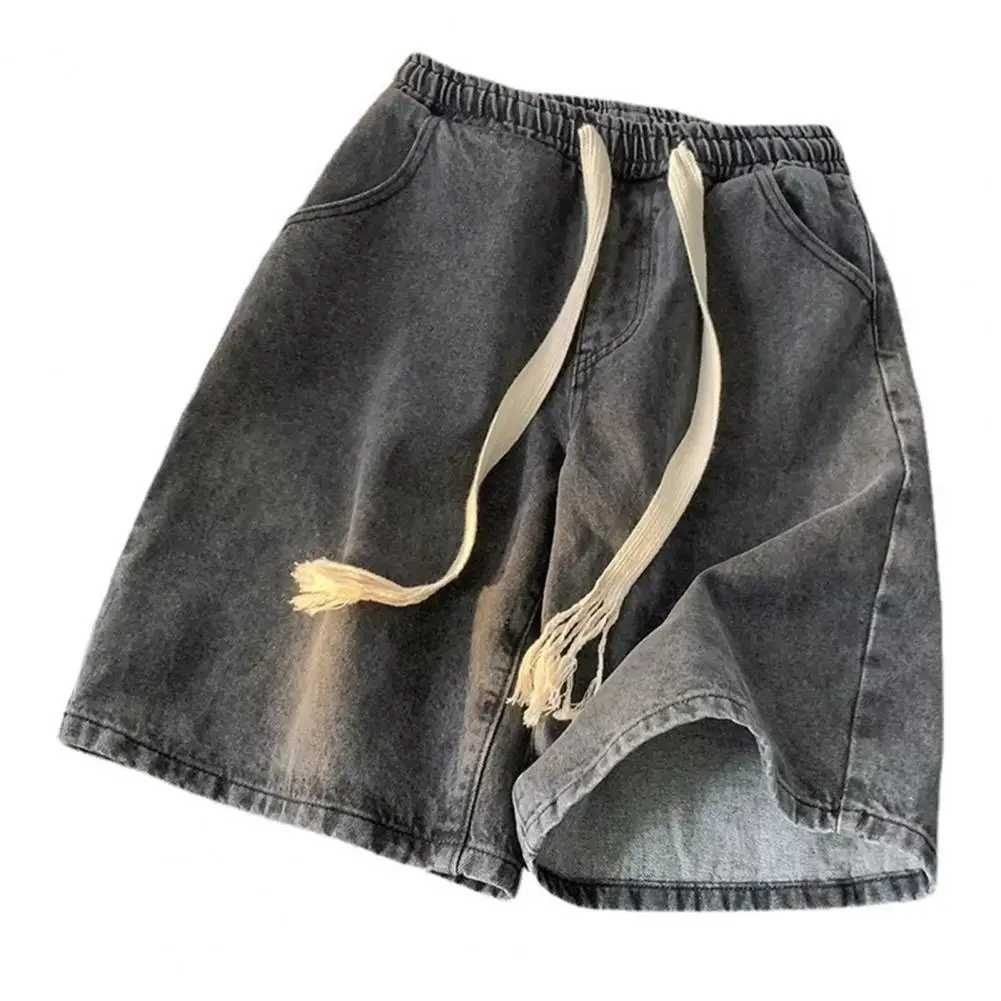 Elastic waistband denim shorts mens elastic drawstring denim shorts with pockets casual summer beach shorts mens W250319