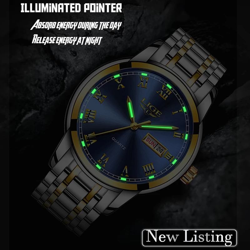 LIGE Men's business quartz Watch Classic three-pin double calendar watch Stainless steel strap Top brand watch Multi-functional life waterproof w